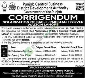 Tender Notice - Corrigendum - Solarization of Bab-E-Pakistan Flyover - Punjab Central Business District Development Authority