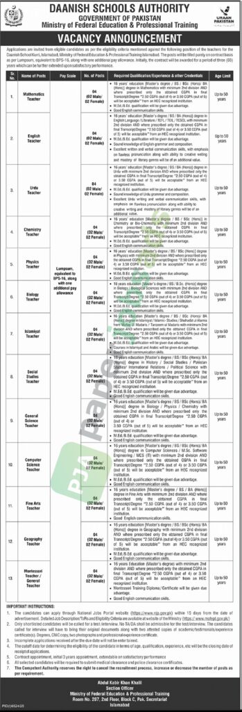 Job Vacancy for Teachers - DAANISH SCHOOLS AUTHORITY