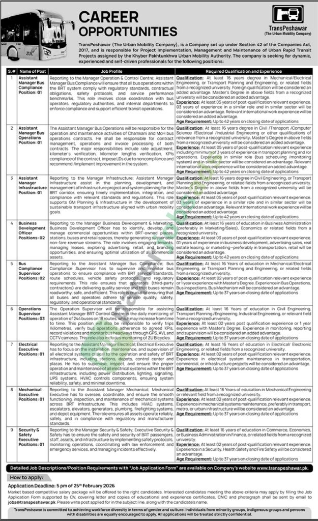Job Vacancy - Assistant Manager Bus Compliance / Bus Operations / Infrastructure - TransPeshawar