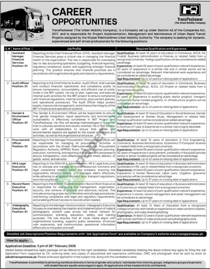 Career Opportunities for Assistant Manager Financial Services / Audit Officer - TransPeshawar