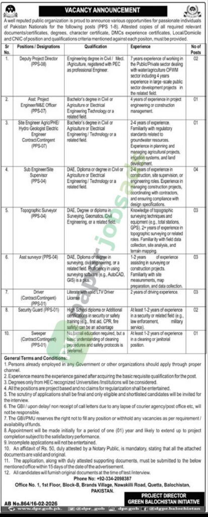 Job Vacancy - Deputy Project Director / Asst. Project Engineer / Guard / Driver / Officer - Public Sector Organization