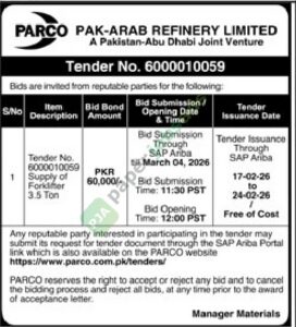 Tender Notice - Supply of Forklisfter - PARCO PAK-ARAB REFINERY LIMITED