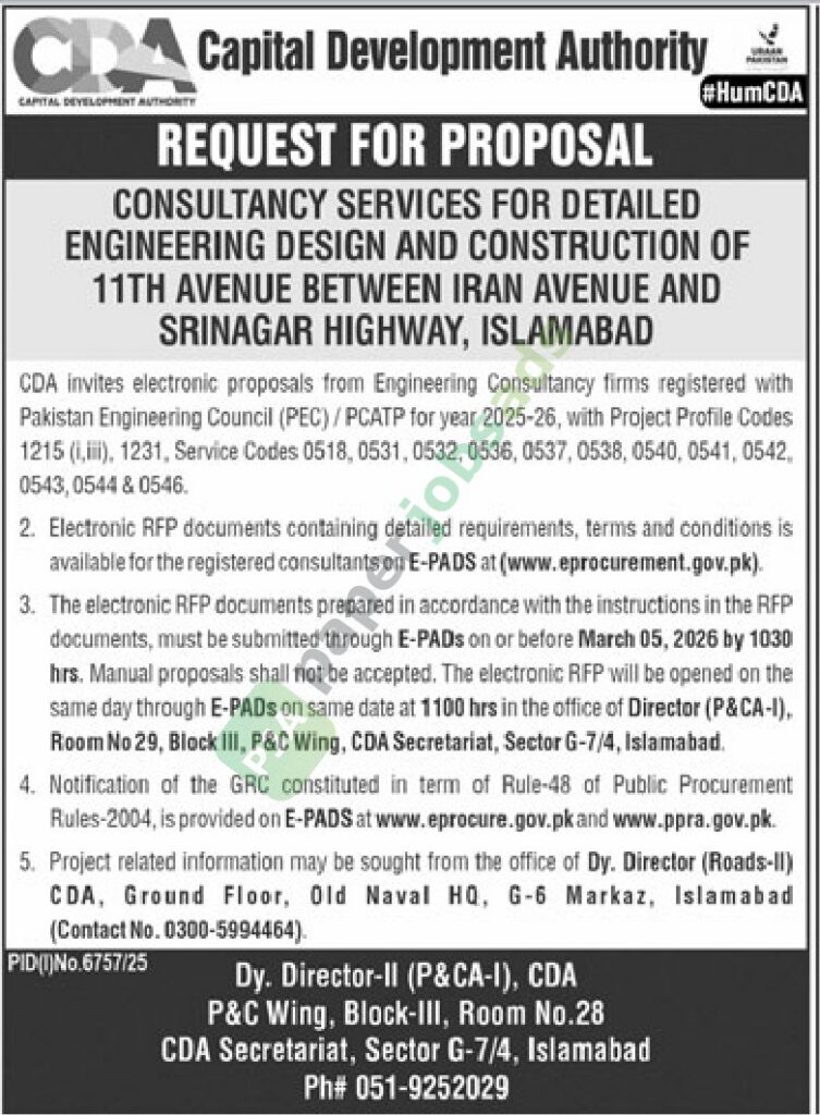 Tender Notice - Consultancy Services for Detailed Engineering Design - CAPITAL DEVELOPMENT AUTHORITY