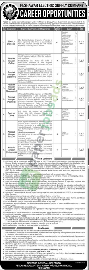 Job Vacancy - SDO / Jr. Engineers / Assistant Manager Safety - PESCO