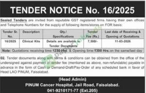 Tender Notice - Clinical Kits - TENDER NOTICE No. 16/2025 - PINUM Cancer Hospital