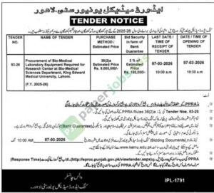 Tender Notice - Procurement of Bio-Medical Laboratory Equipment - King Edward Medical University
