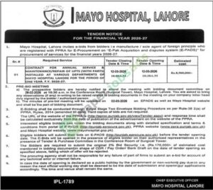 Tender Notice - Annual Service & Maintenance / Repair of LIFTS - MAYO HOSPITAL