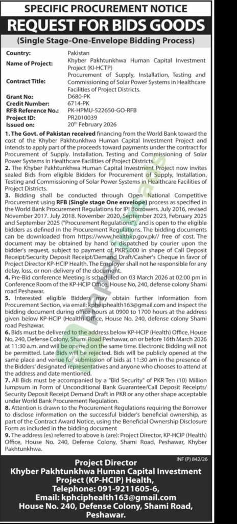 Tender Notice - Bids Goods - SPECIFIC PROCUREMENT NOTICE - Human Capital Investment