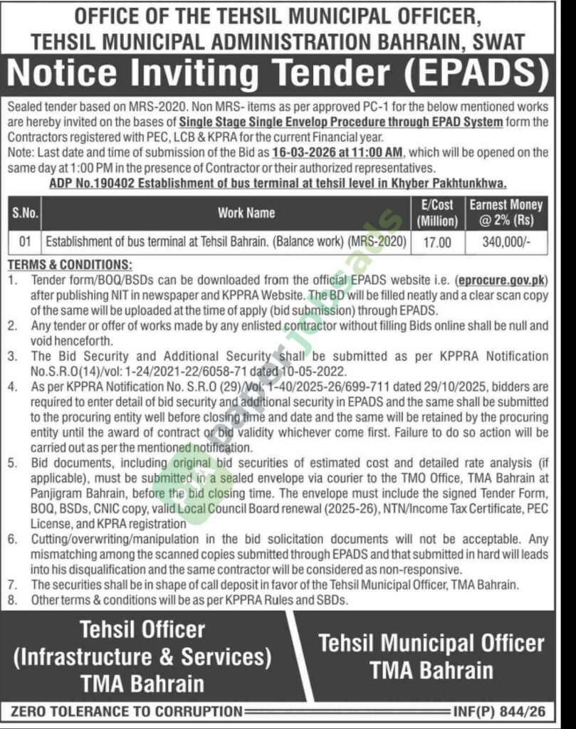 Tender Notice - Establishment of bus terminal - OFFICE OF THE TEHSIL MUNICIPAL OFFICER