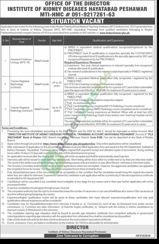 Job Vacancy - Assitant Professor / Trainee Registrar - INSTITUTE OF KIDNEY DISEASES HAYATABAD