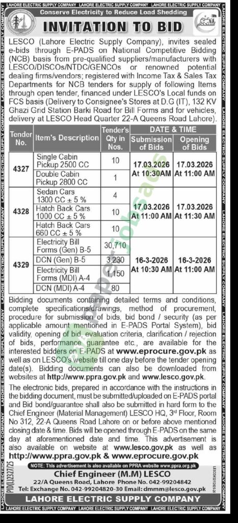 Tender Notice - Supply Of Following Items - LESCO