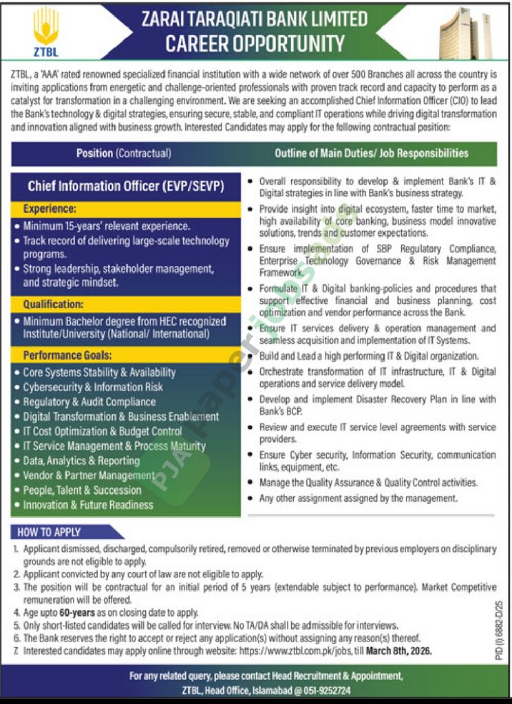 Job Vacancy - Cheif Information Officer (EVP/SEVP) - ZARAI TARAQIATI BANK LIMITED