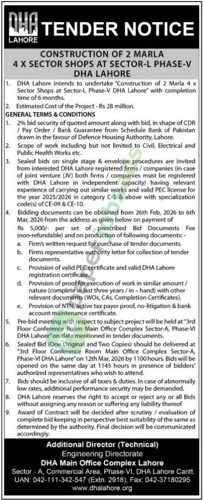 Construction of 2 Marla 4 x Sector Shops - DHA