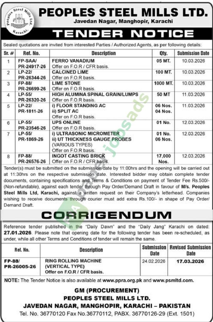Tender Has Been Re-Scheduled - Peoples Steel Mills Ltd.
