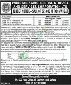 Sale of 575,000 M. Tons Wheat - Pakistan Agricultural Storage and Services Corporation