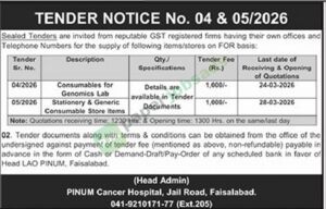 Misc. Items/Stores On For Basis - TENDER NOTICE No. 04 & 05/2026 - PINUM Cancer Hospital