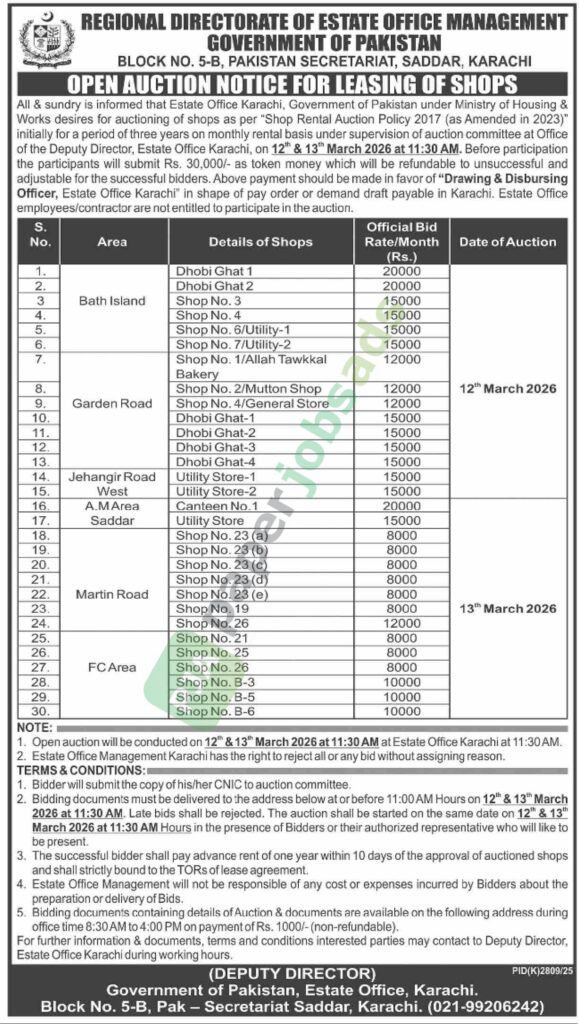 Tender Notice - Leasing Of Shops - REGIONAL DIRECTORATE OF ESTATE OFFICE MANAGEMENT - REGIONAL DIRECTORATE OF ESTATE OFFICE MANAGEMENT