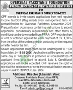 Tender Notice - OVERSEAS PAKISTANIS FOUNDATION - Islamabad - OVERSEAS PAKISTANIS FOUNDATION