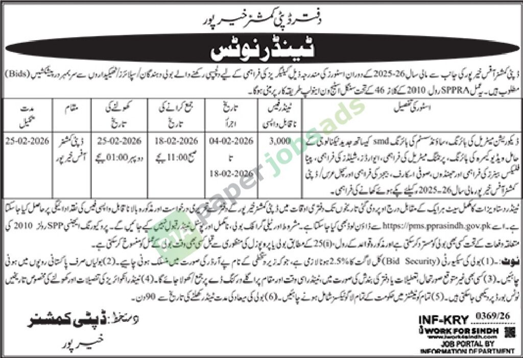 Tender Notice - Sindh - Office of Deputy Commissioner