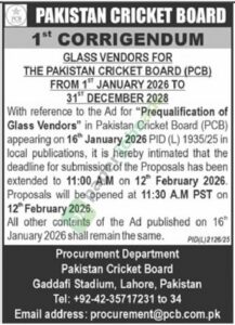 Tender Notice - 1st Corrigendum - Glass Vendors - PAKISTAN CRICKET BOARD