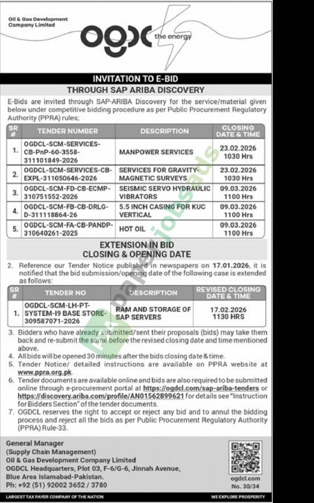 Tender Notice - Manpower Services - OGDC