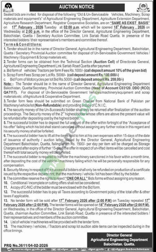 Auction Notice for Old & Un-servicable Vehicles, Machinery, Scrape & Equipments - Agriculture Engineering Department