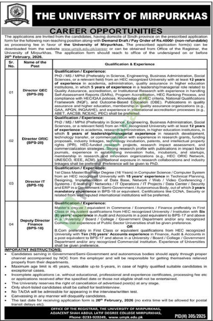 Job Vacancy - Director QEC / ORIC / IT - THE UNIVERSITY OF MIRPURKHAS