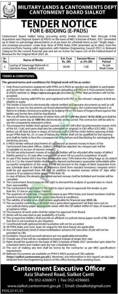 Tender Notice - Laying for Sewerage Network - CANTONMENT BOARD
