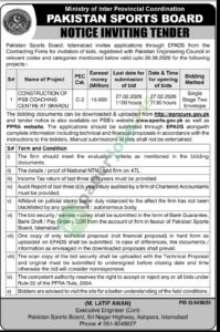 Tender Notice - Construction of PSB Coaching Center at Skardu - Pakistan Sports Board