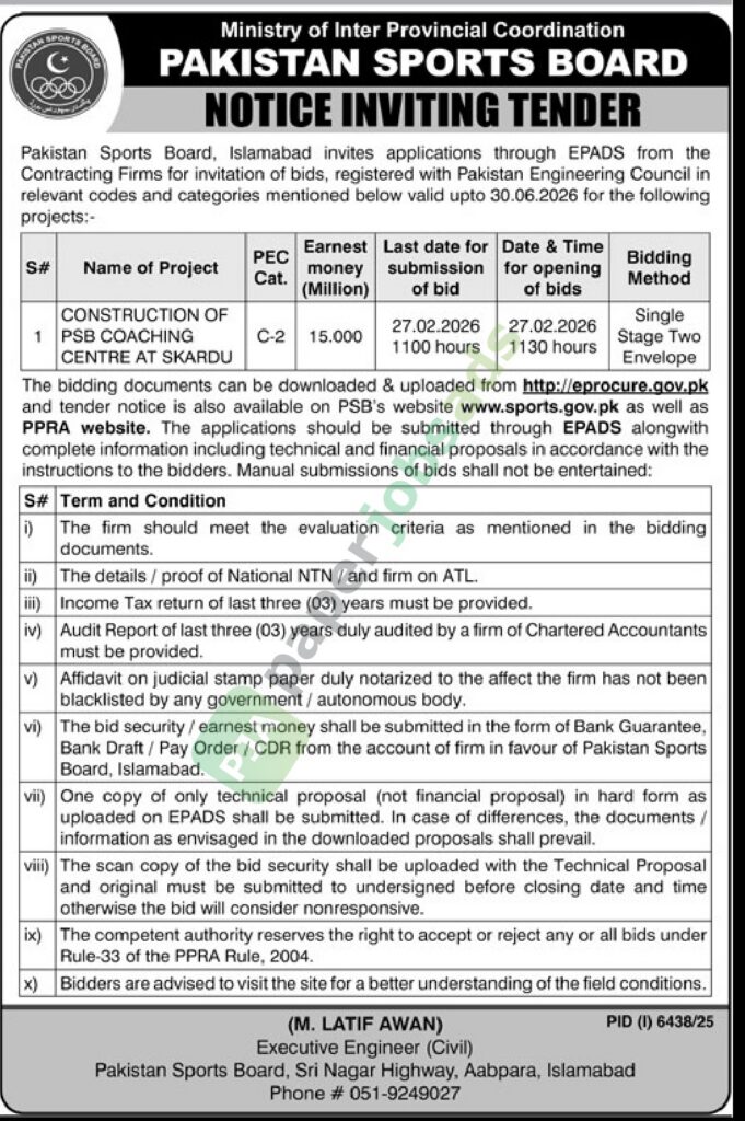 Tender Notice - Construction of PSB Coaching Center at Skardu - Pakistan Sports Board