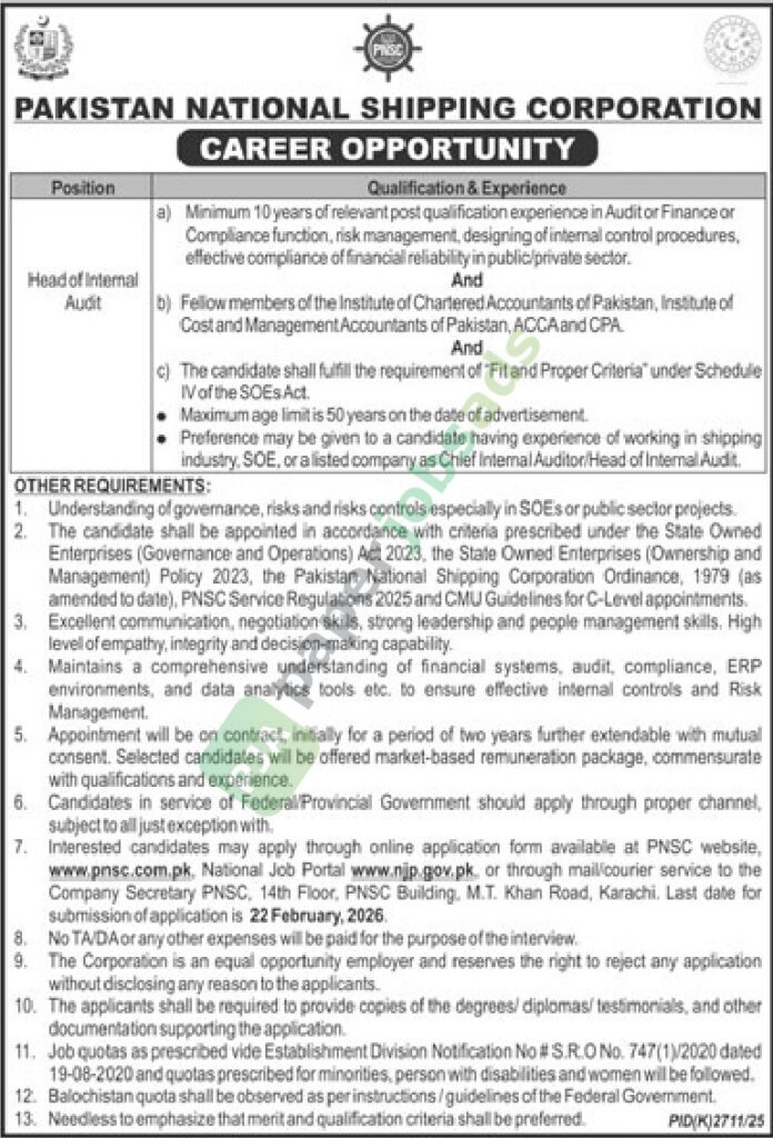 Job Vacancy - Head of Internal Audit - PAKISTAN NATIONAL SHIPPING CORPORATION - Karachi - PAKISTAN NATIONAL SHIPPING CORPORATION