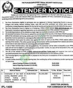 Tender Notice - Construction of a new block at the existing dilapidated portion - The Punjab Employees Social Security Institute
