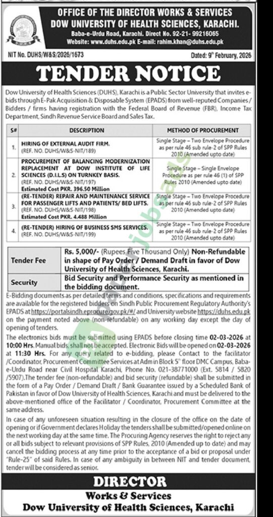 Tender Notice - Hiring of External Audit Firm - DOW UNIVERSITY OF HEALTH SCIENCES