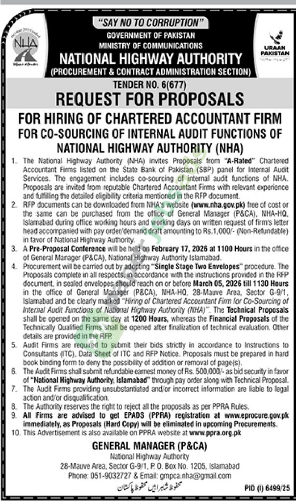 Tender Notice - For Hiring of Chartered Accountant Firm - NHA