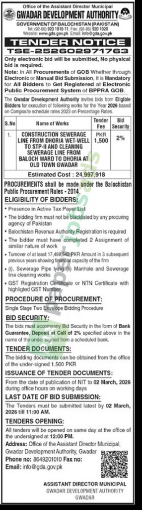 Tender Notice - Construction Works - GWADAR DEVELOPMENT AUTHORITY - GWADAR DEVELOPMENT AUTHORITY