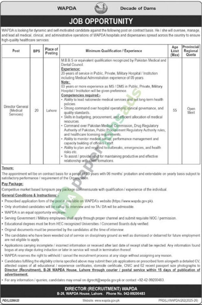 Job Vacancy - Director General (Medical Services) - WAPDA