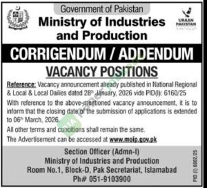 Job Vacancy - Corrigendum / Addendum - Ministry of Industries and Production