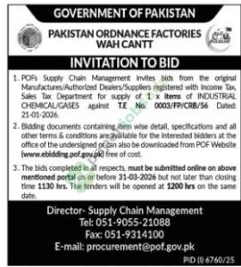 Tender Notice - 1 X Items Of Industrial Chemical/Gases - Pakistan Ordnance Factories
