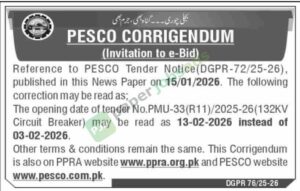 Tender Notice - CORRIGENDUM -132KV Circuit Breaker - PESCO