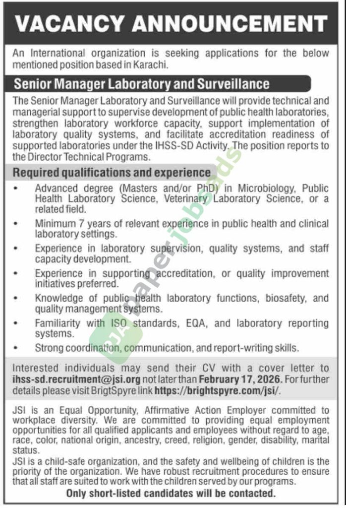 Job Vacancy - Senior Manager Laboratory and Surveillance - Karachi - International Organization