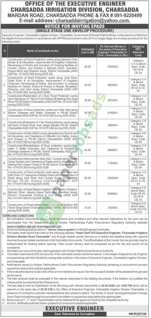 Tender Notice - Construction of Flood Protection works - Charsadda Irrigation Division