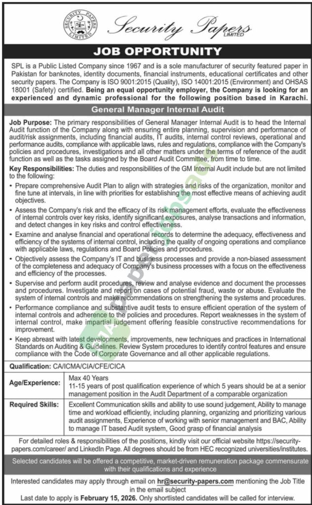 Job Vacancy - General Manager Audit - Security Papers