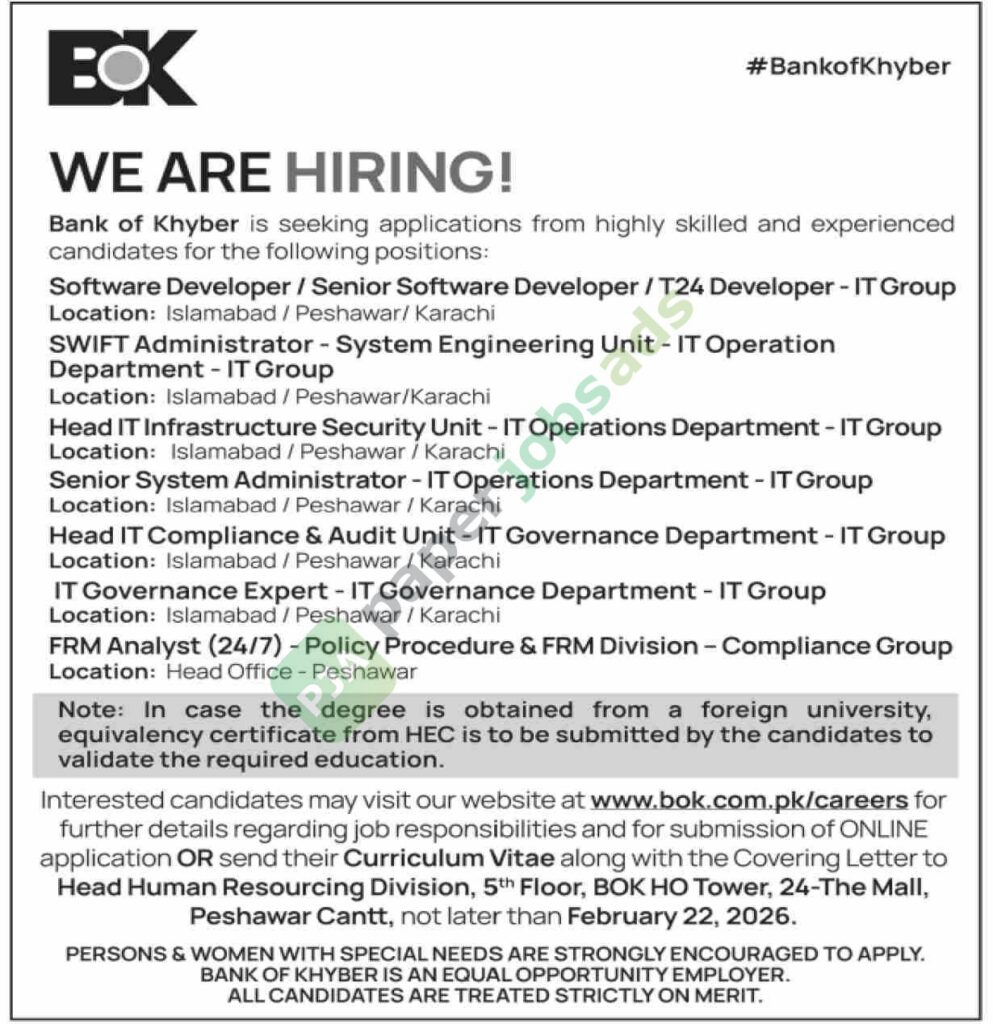 Job Vacancy - Software Developer / Senior Software Developer / T24 Developer - IT Group - Bank of Khyber
