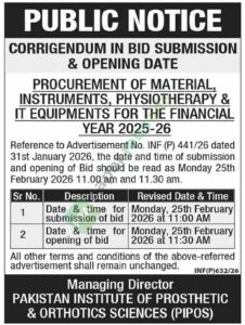 Tender Notice - Procurement of Material - Pakistan Institute of Prosthetic & Othotics Sciences