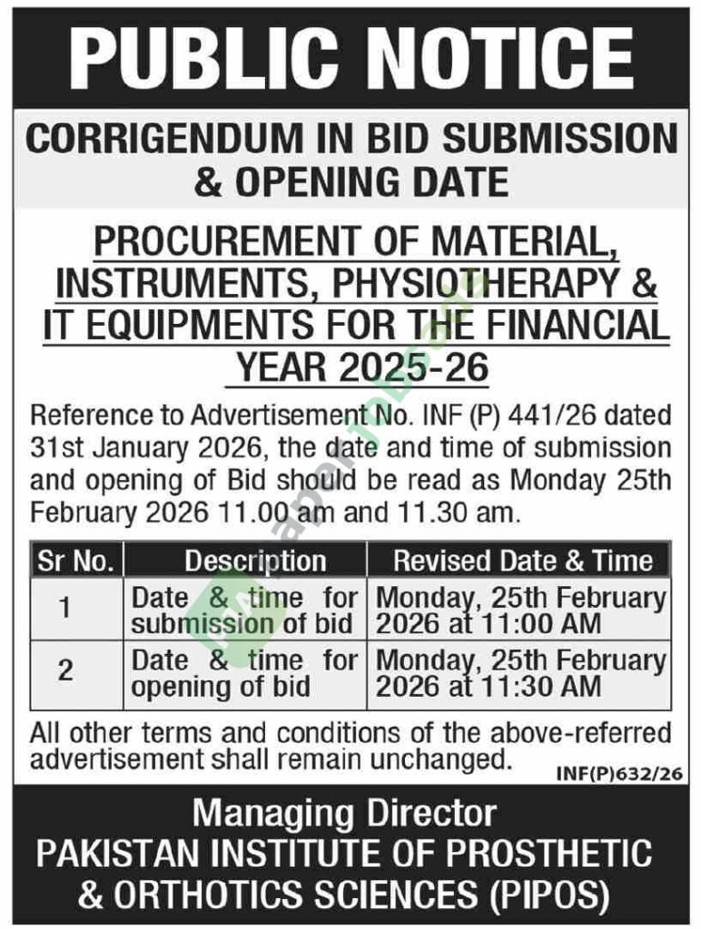 Tender Notice - Procurement of Material - Pakistan Institute of Prosthetic & Othotics Sciences