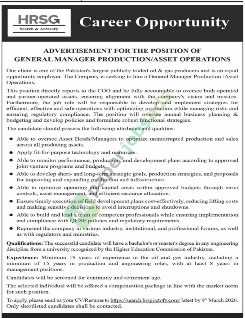 General Manager Production / Asset Operations - Public Sector Organization