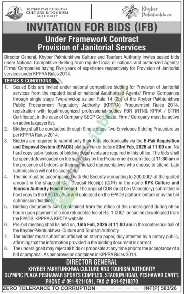 Tender Notice - Provision of Janitorial Services - Peshawar - Kheber Paktunkhwa Culture and Tourism Authority