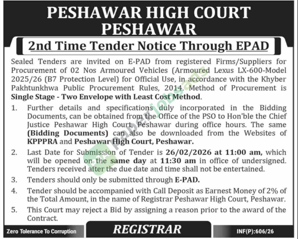 Tender Notice - Armoured Vehicles - Peshwar High Court