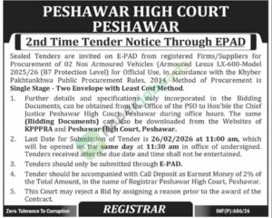 Tender Notice - Armoured Vehicles - Peshwar High Court