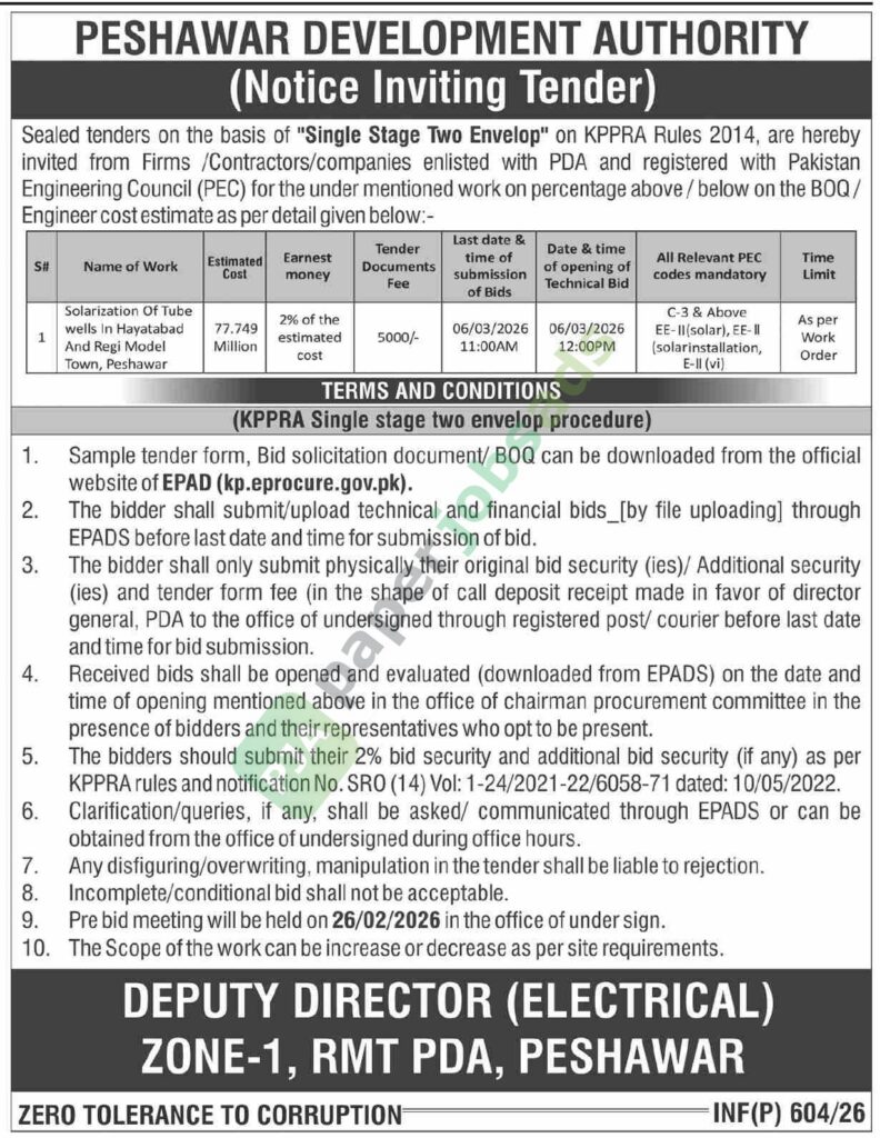 Tender Notice - Solarization of Tube Wells - Peshawar Development Authority